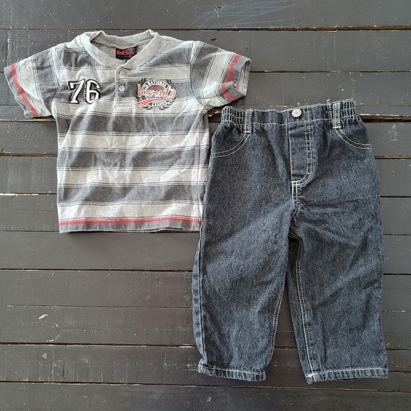 Quad Seven Baby Boy 24 Months Two Piece Outfit Set Grey Short Sleeve Shirt Jeans - Picture 1 of 5